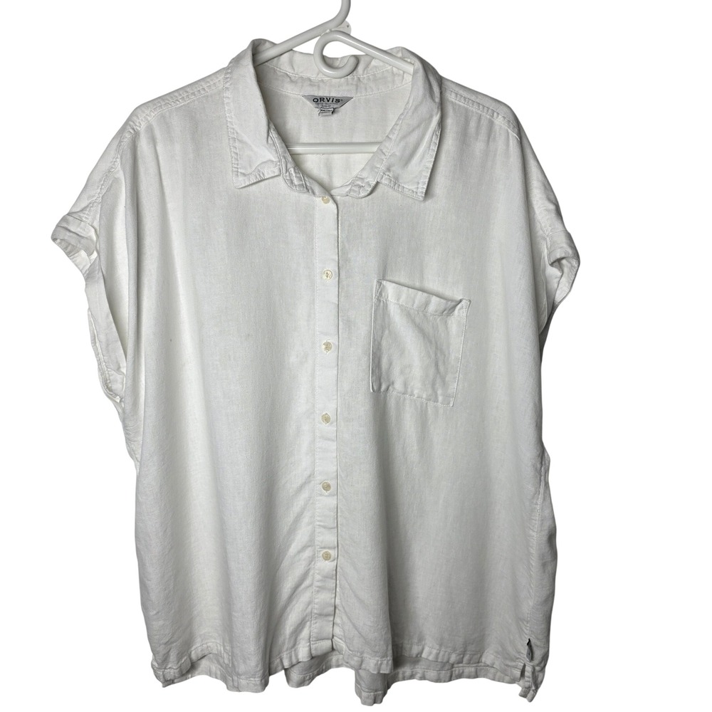 Orvis White Linen Blend Button Down Shirt Short Sleeve Plus Size XXL White